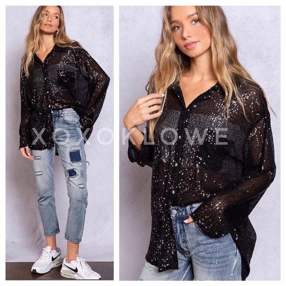 LAST 1 POL Pink Sequin Princess Button Down Shirt Blouse - Picture 15 of 15